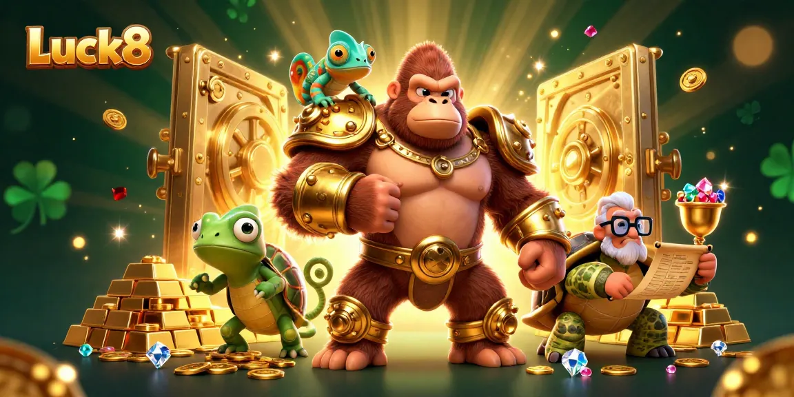 Luck8 gaming adventure with a gorilla king, chameleon spy, and tortoise sage amidst vibrant treasures.