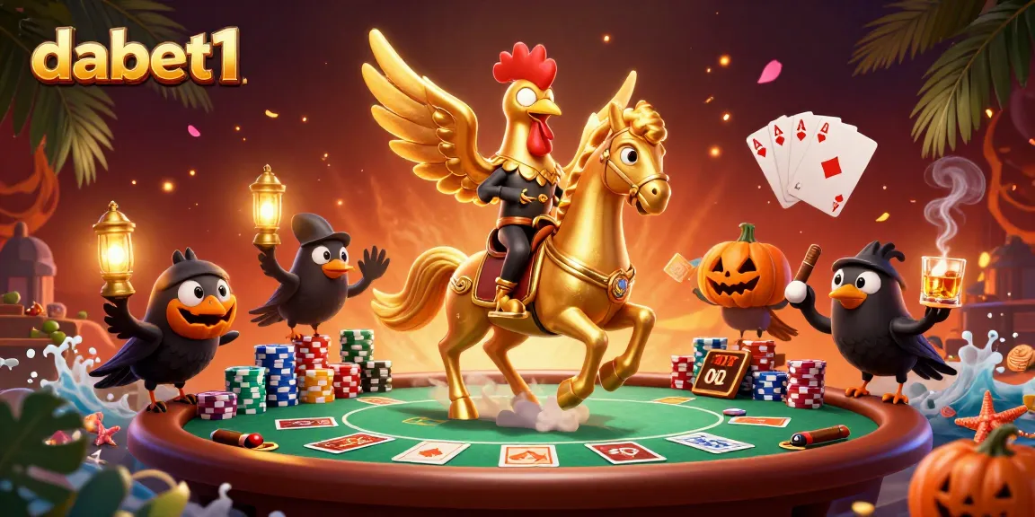 dabet1 showcases a vibrant casino scene featuring a golden rooster and poker elements, captivating players.