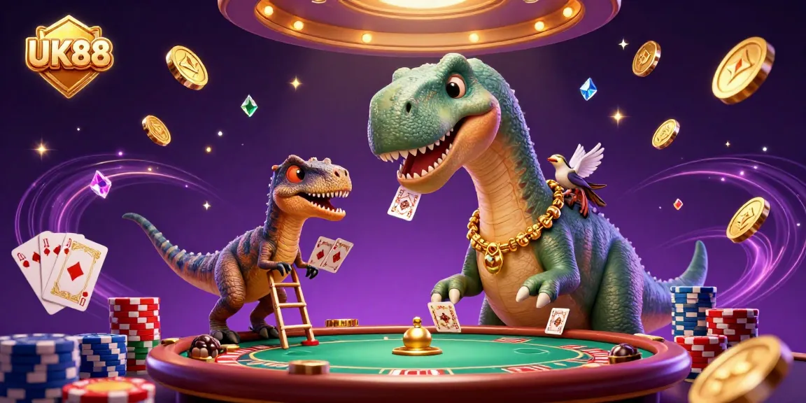 Engage with the exciting world of UK88 as a tall brontosaurus gazes over a bustling casino scene filled with vibrant games.