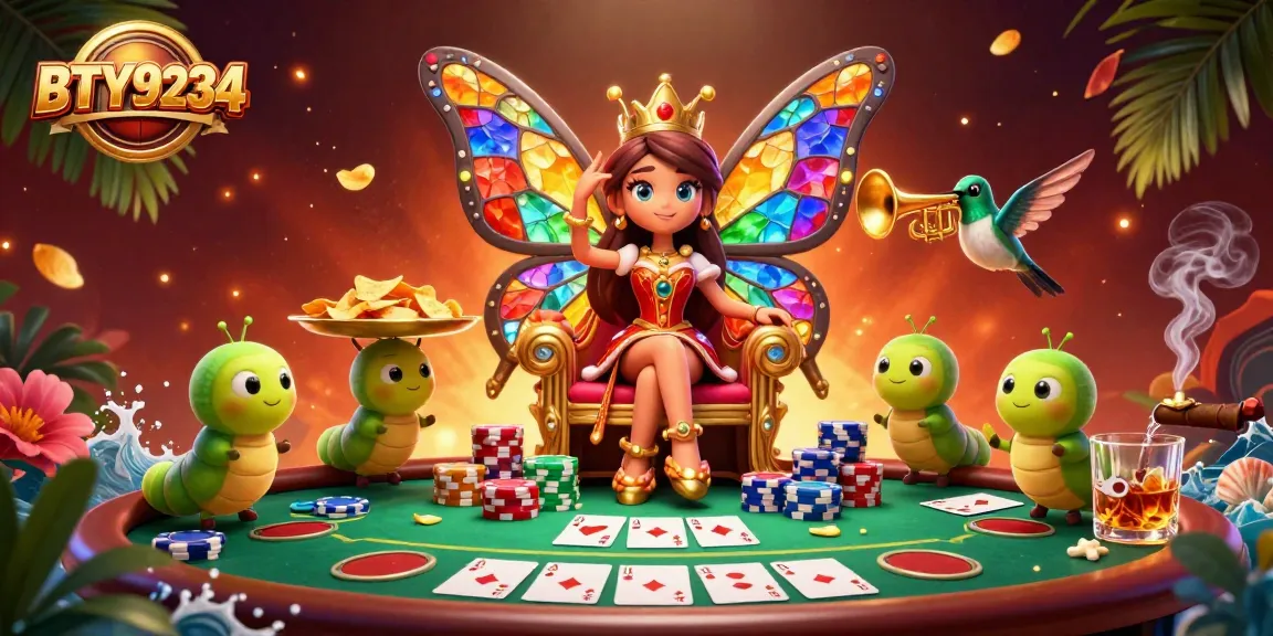 BTY9234 showcases a vibrant poker scene with a butterfly queen and colorful chips.