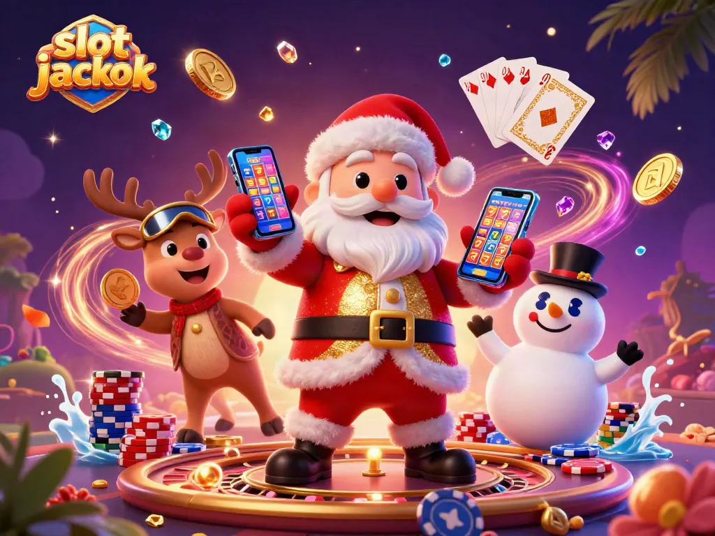Experience thrilling slot jackpot games in this vibrant 3D casino scene with festive characters.