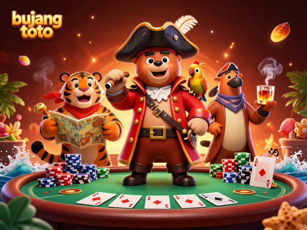 Bujang toto offers an exciting gaming experience with a pirate bear and tiger in a vibrant casino scene.