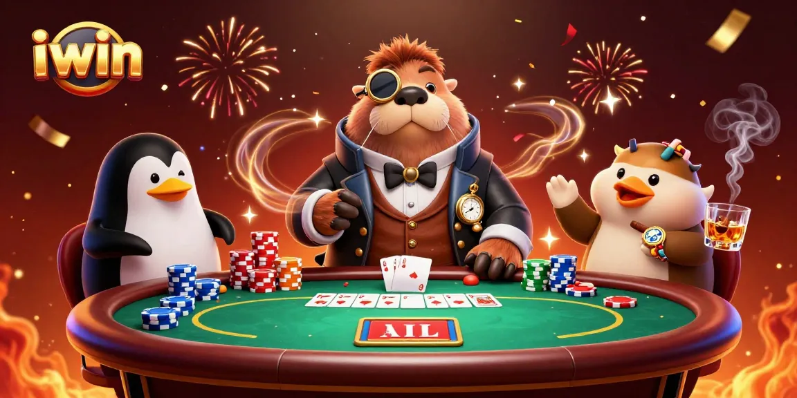 iwin poker scene with a walrus, penguin dealer, and a bluffing pufferfish surrounded by chips.