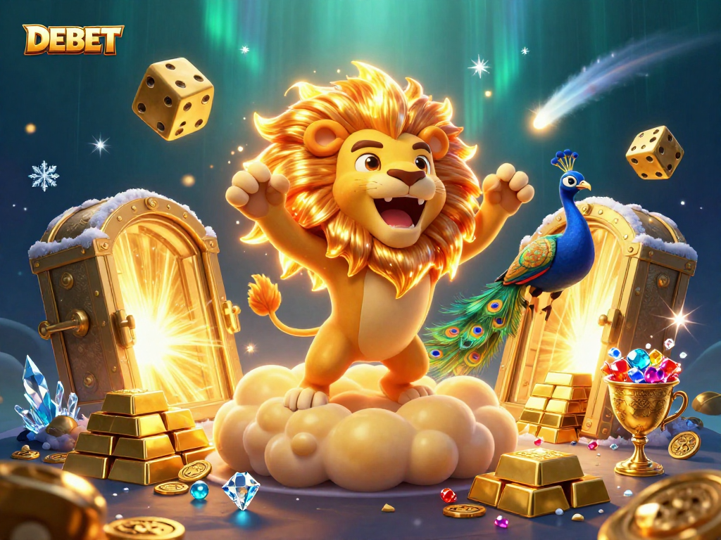 Experience thrilling wins and vibrant gameplay with DEBET's exciting casino scene, featuring a roaring lion and golden elements.