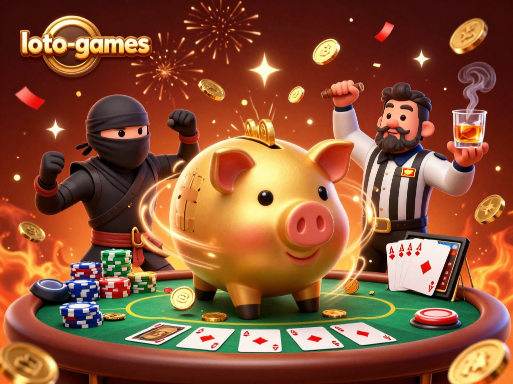 Loto-games showcases an exciting 3D illustration of a golden piggy bank sumo wrestler in a poker scene, celebrating winning moments.