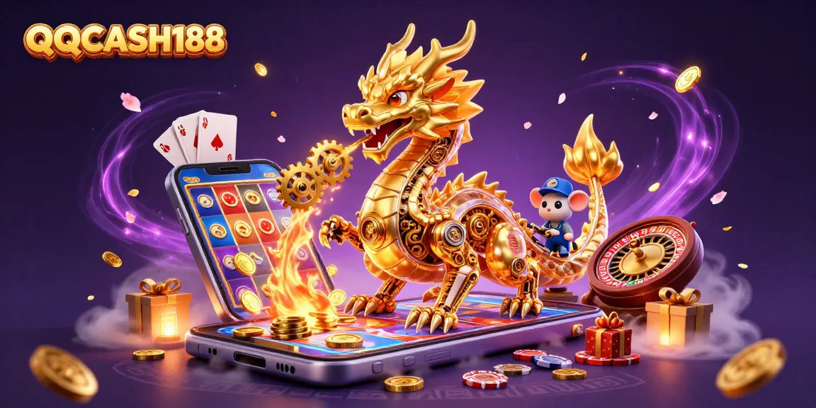 Experience QQCASH188 with a golden dragon and vibrant slot game elements in a mystical setting.