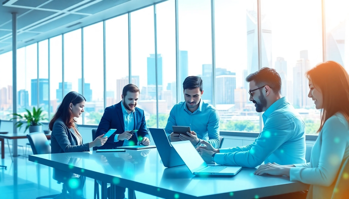 Showcasing digital services, a diverse team collaborates on modern devices in a bright office.