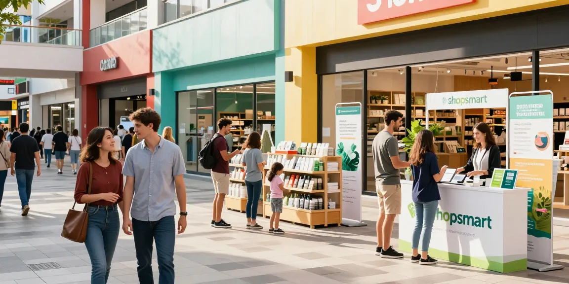 Shoppers exploring eco-friendly products at a vibrant Shopsmart retail scene
