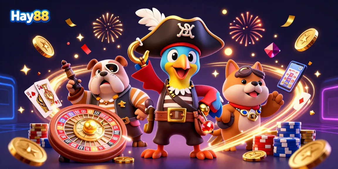 Engage with Hay88's vibrant online casino experience featuring dynamic 3D characters and casino elements.