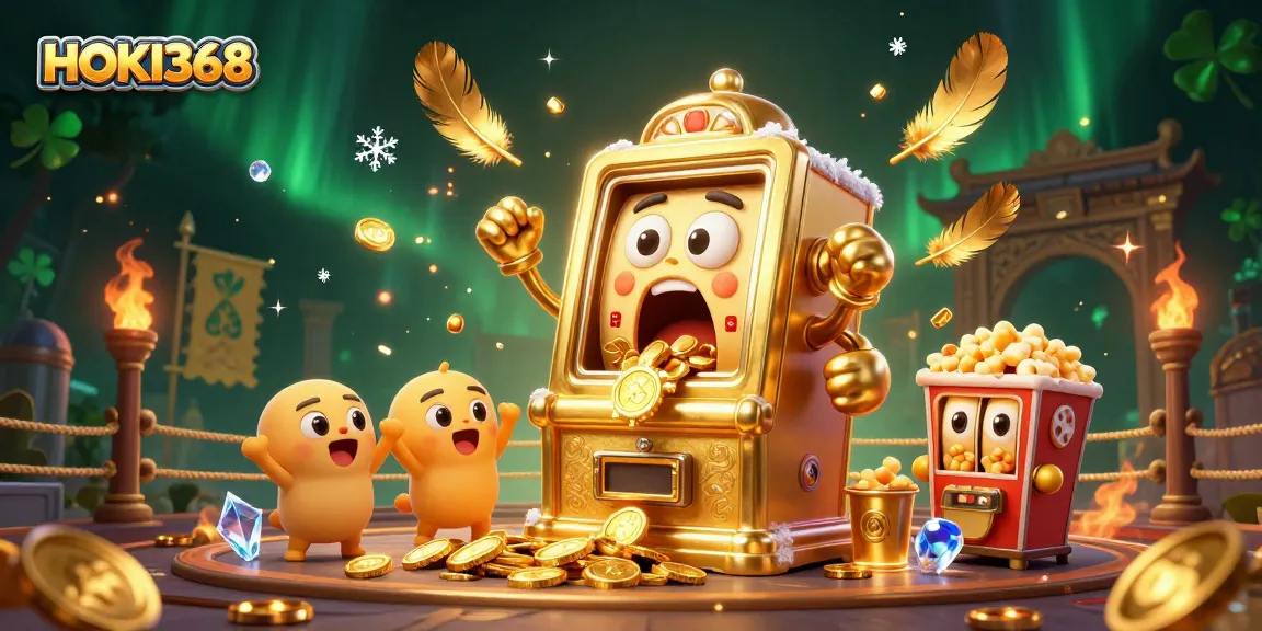 Spin and win at HOKI368 with the golden slot machine celebrating a jackpot!