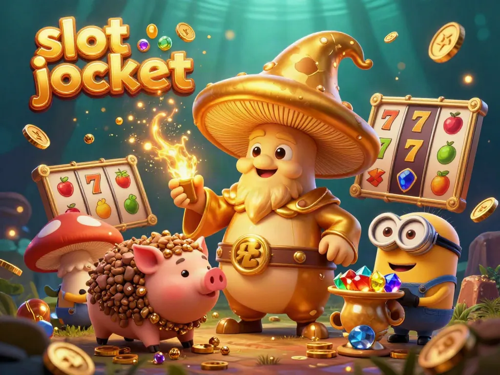 Witness a vibrant slot jackpot scene with a golden wizard, treasure pig, and gem-carrying mushrooms.