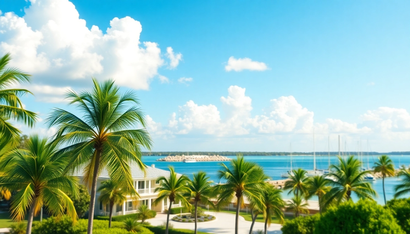 Engaging view of Pensacola FL real estate, showcasing a lovely beachfront property with palm trees and sailboats.