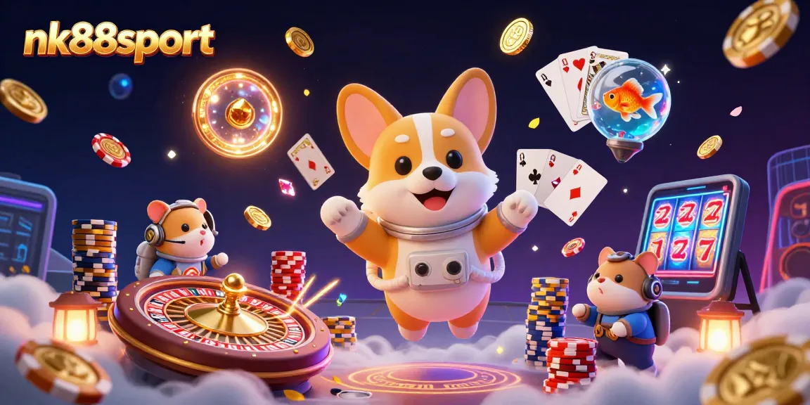 nk88sport showcases a vibrant casino scene with characters engaging in games and excitement.