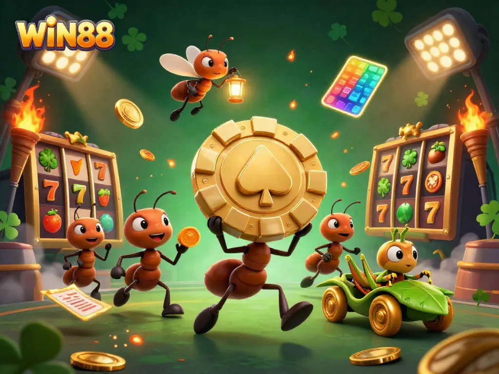 Revel in the excitement of WIN88 with ants heisting a giant poker chip amid dynamic slot gaming elements.