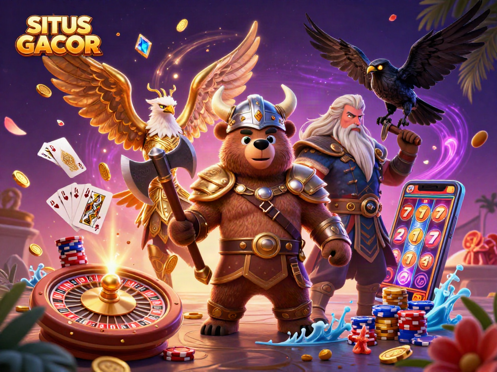 SITUS GACOR showcases an exhilarating 3D battle between a Viking bear and a Valkyrie eagle amidst casino-themed excitement.