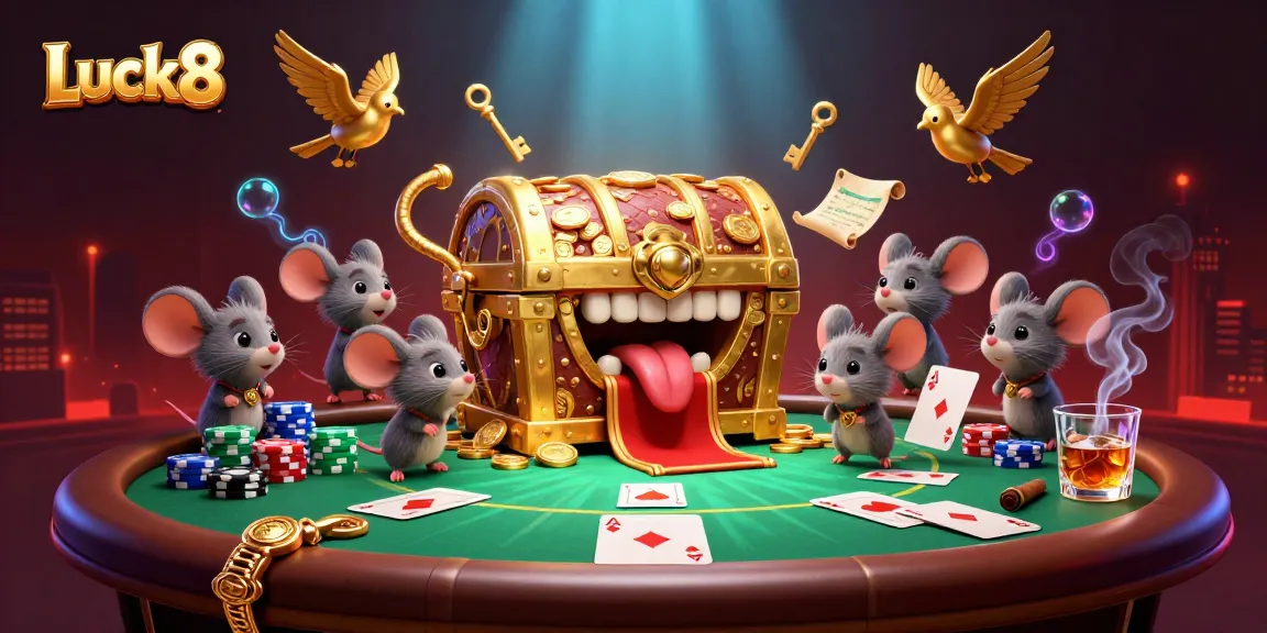 Engage with Luck8's thrilling casino experience, featuring a golden treasure chest and poker elements.