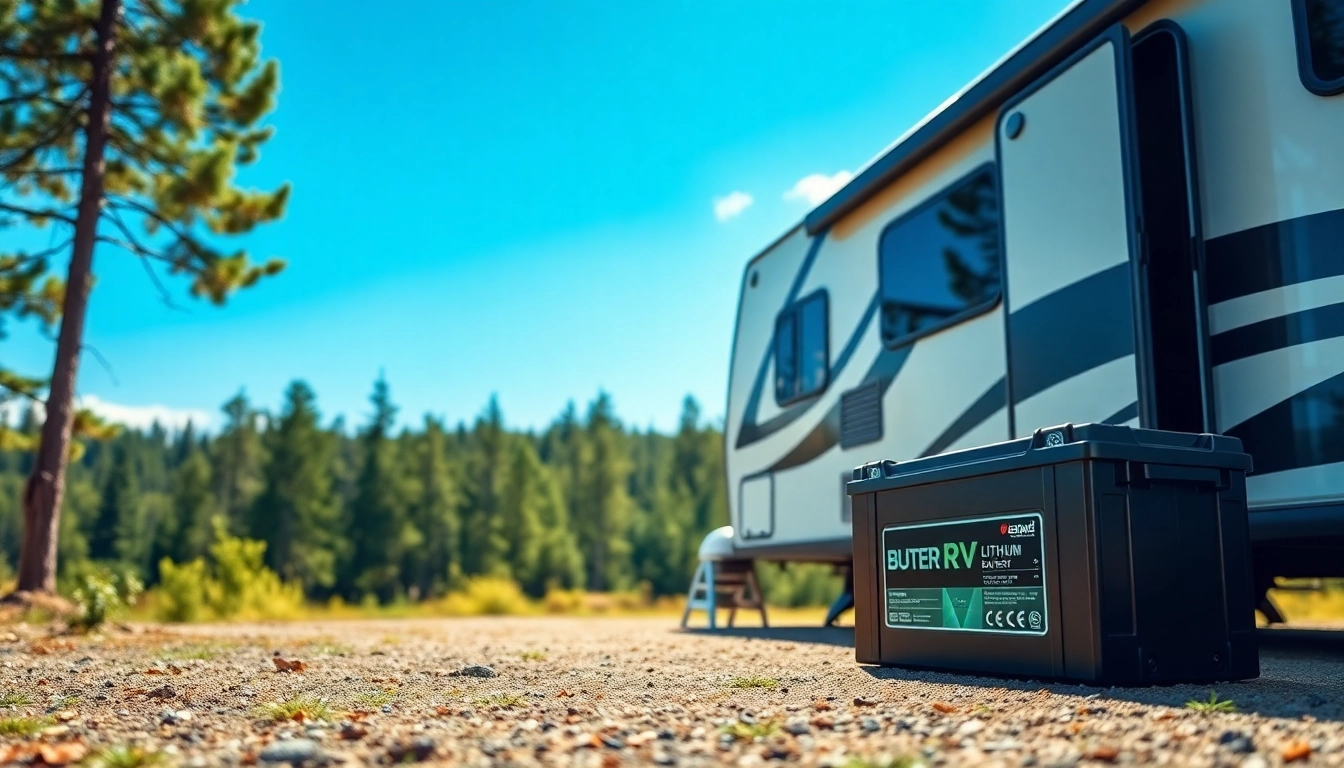 Showcasing lithium RV batteries in a modern campsite, emphasizing durability and outdoor reliability.