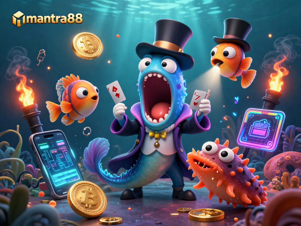 Experience thrilling wins at mantra88 with a captivating magic-themed casino illustration featuring vibrant 3D characters and crypto elements.