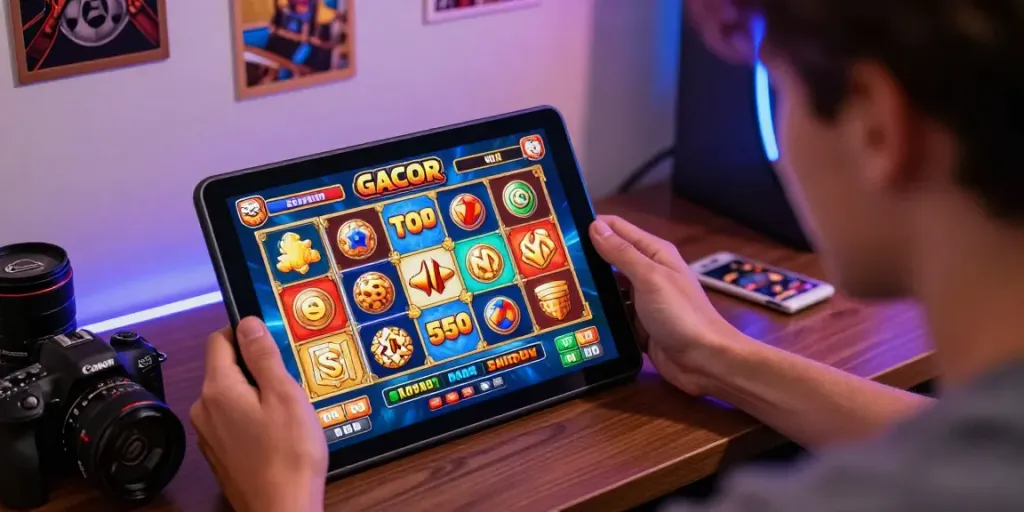 Excited player enjoying slot gacor game on a tablet with colorful graphics.