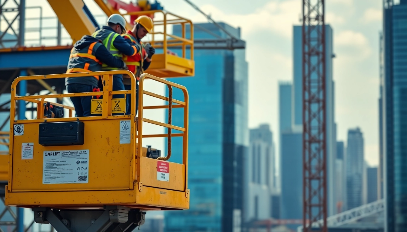 Manlift lifting workers on a bustling construction site with urban background.