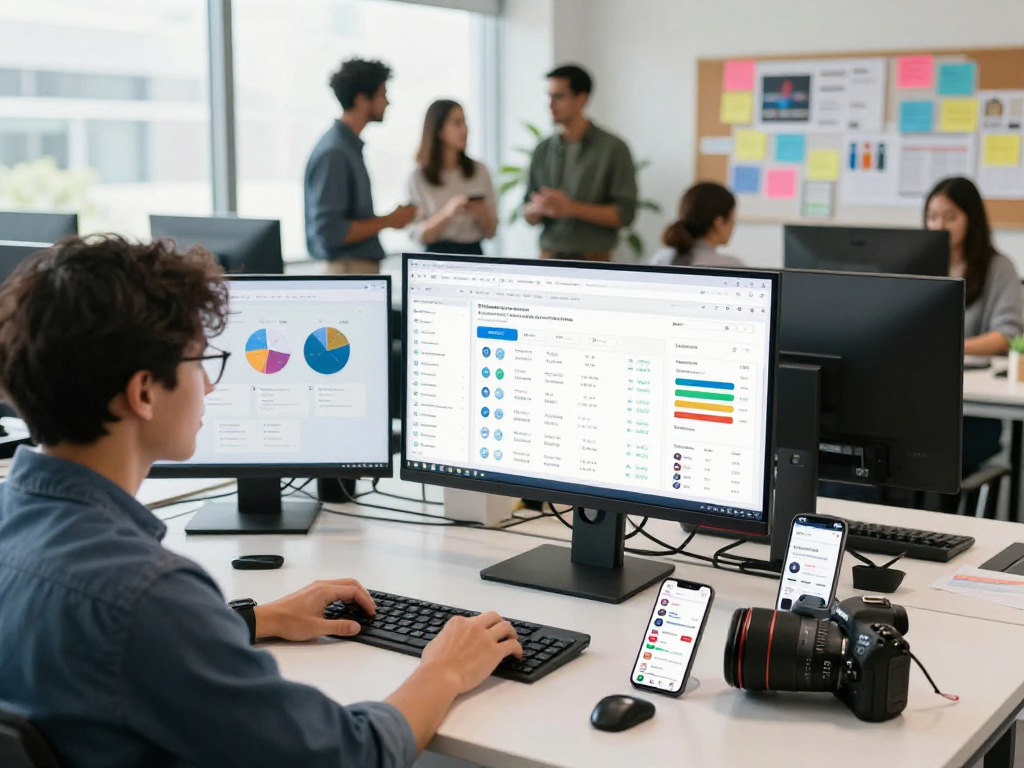 Purchase app installs in a vibrant marketing workspace with team collaboration and performance analysis
