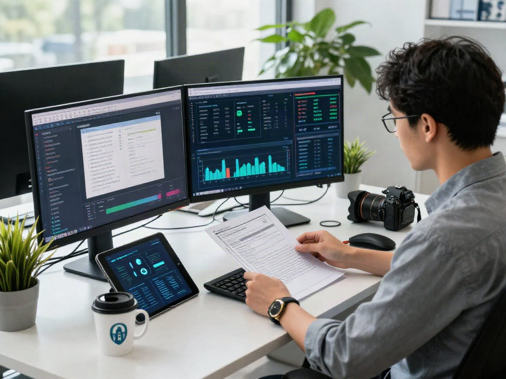 Document fraud detection in action, showcasing a cybersecurity analyst reviewing digital documents with advanced software in a modern office.