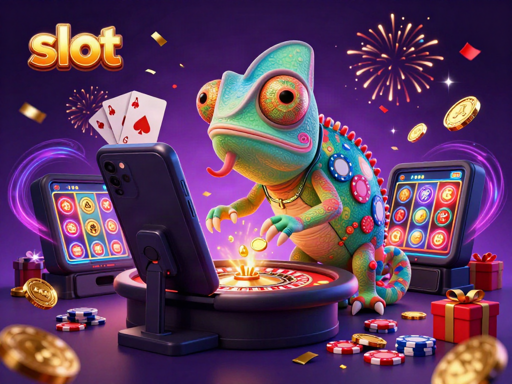 Experience thrilling slot gaming with an energetic chameleon casino owner capturing golden coins!