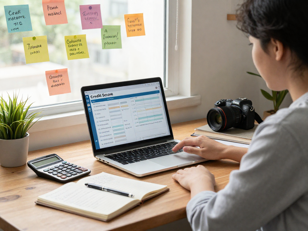 Analyzing Credit Score reports in a home office with financial planning elements.