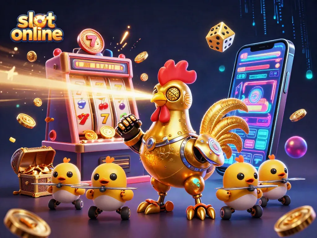 Engage with exciting slot online games featuring a golden rooster robot and dynamic casino elements.