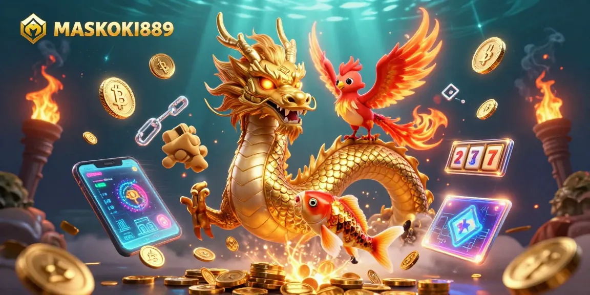 Play exciting slots with MASKOKI889, featuring vibrant characters and dynamic gambling elements