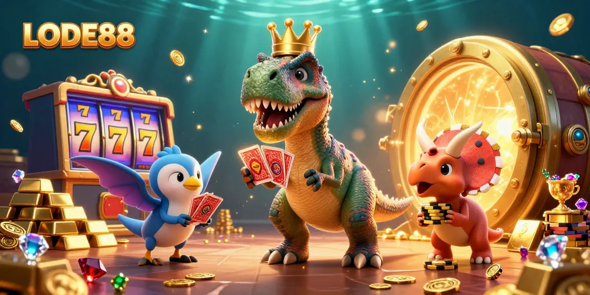Experience LODE88's vibrant online casino world with a T-Rex shuffling cards and a baby triceratops stacking chips.