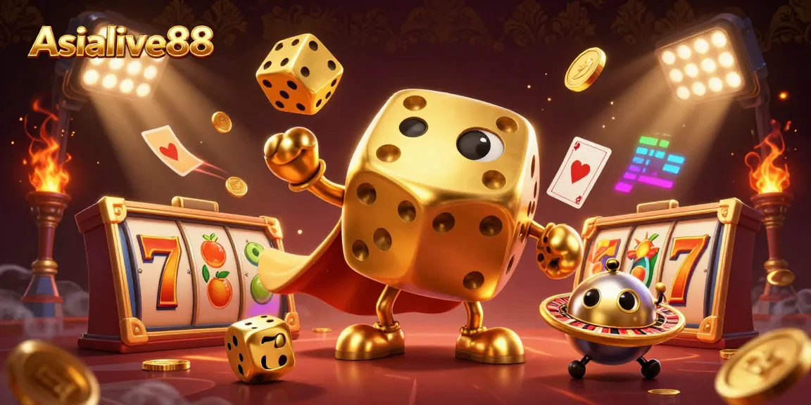 Engage with Asialive88 in a vibrant casino scene featuring golden dice and slot elements.
