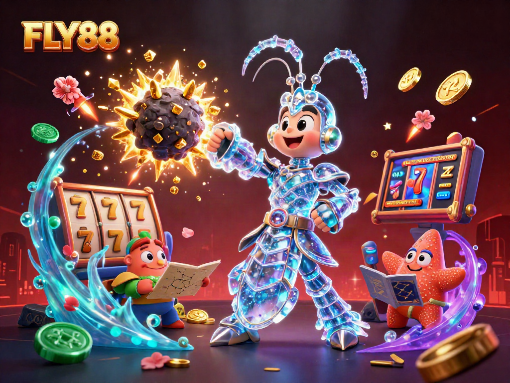 FLY88 showcases a galactic samurai mantis shrimp in a dynamic scene full of jackpots and exhilarating casino elements.