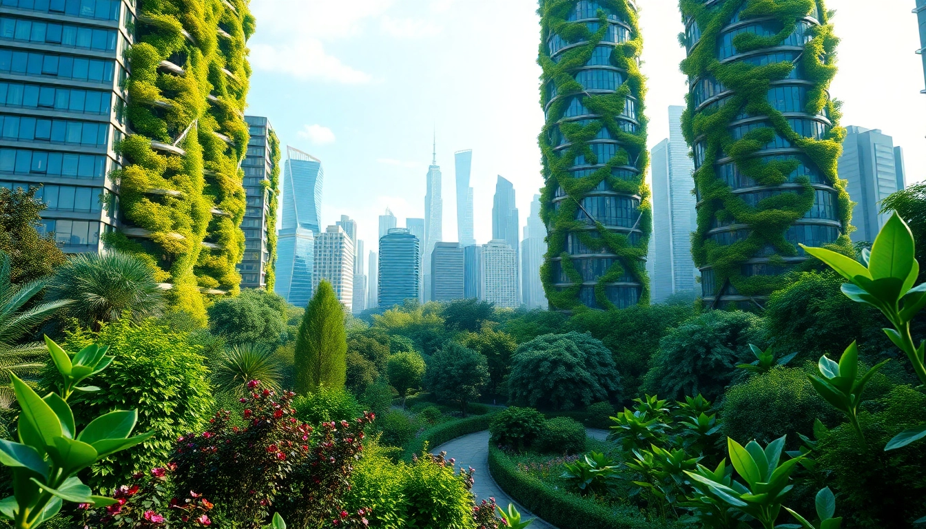 Bezoekers genieten van natuur en technologie op xardin.nl met een groen stadslandschap.