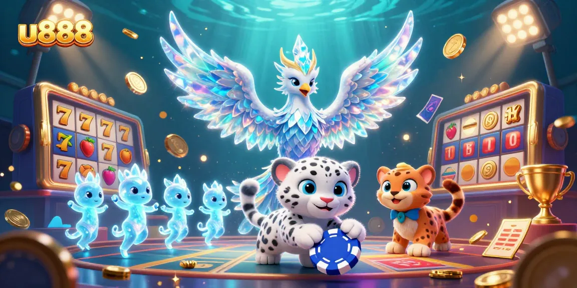 Experience winning thrills at u888 with a vibrant 3D casino illustration showcasing unique characters and elements.