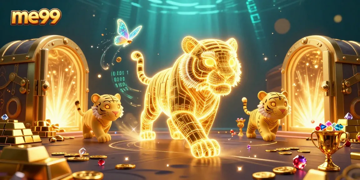 Play thrilling games at me99 Casino with a stunning golden tiger and vibrant casino treasures.