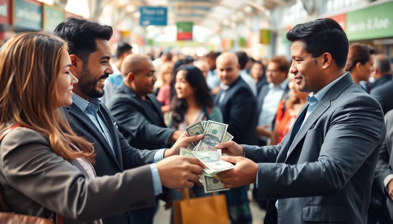 Efficiently buy usd through dynamic currency exchange scene in a vibrant marketplace.