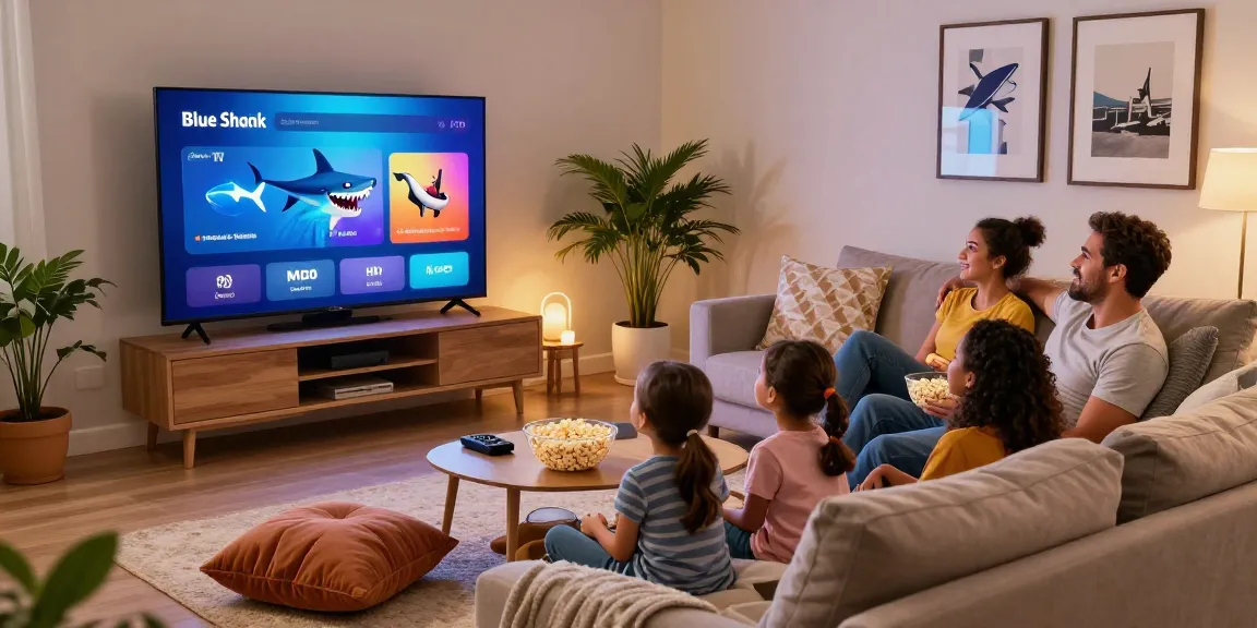 Enjoying family movie night with Blue Shark IPTV streaming on a cozy living room TV.