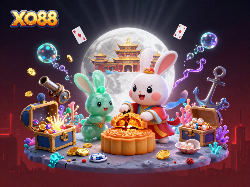 Experience the excitement of XO88 casino gaming featuring animated moon rabbits and poker chips.