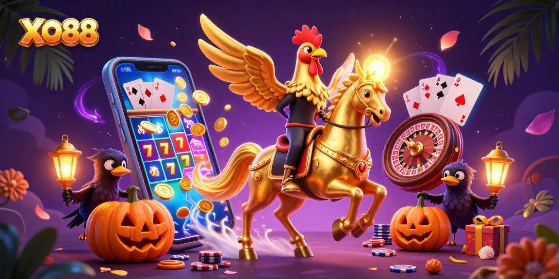 Experience the thrill of XO88 with a vibrant casino scene featuring a rooster hero and slot game excitement.