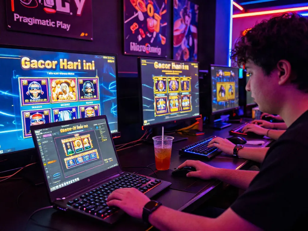 Engaging gaming scene illustrating slot gacor hari ini with vibrant lighting, a focused player, and popular game displays.