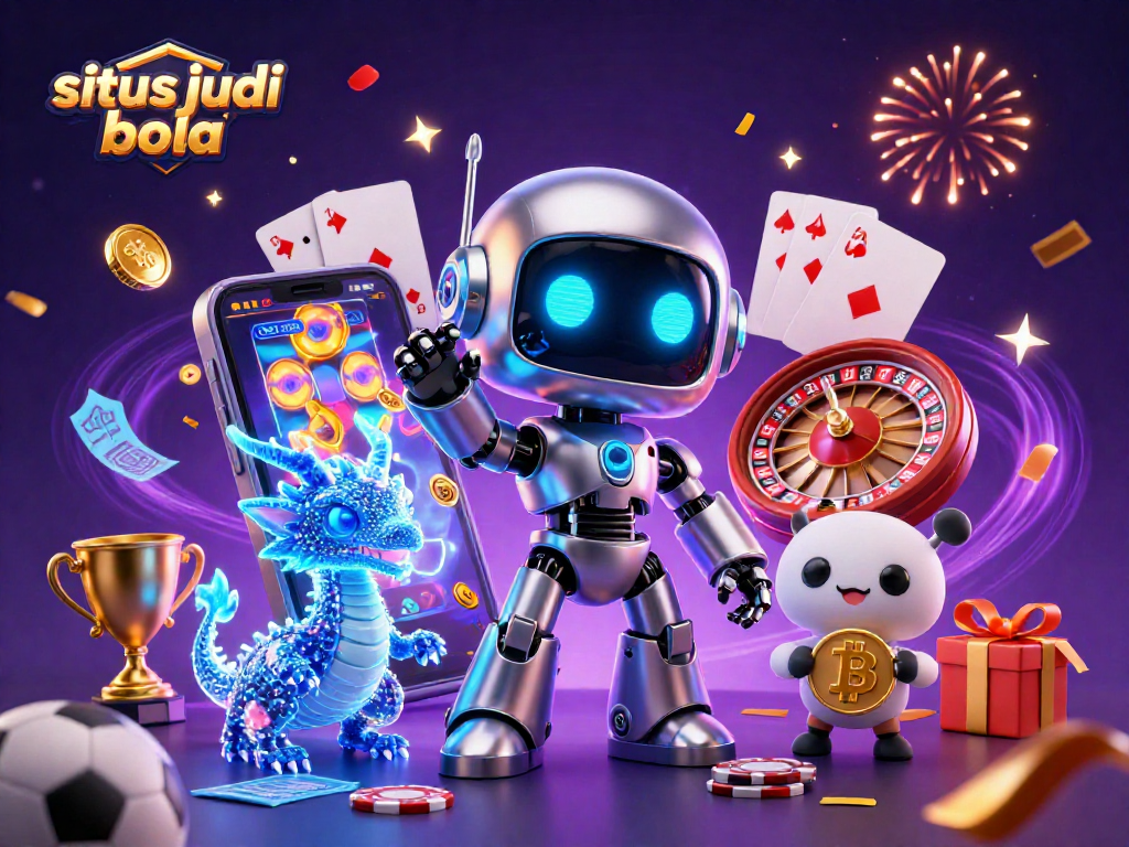 Engage in situs judi bola action with a dynamic 3D scene showcasing betting elements and a vibrant casino atmosphere.