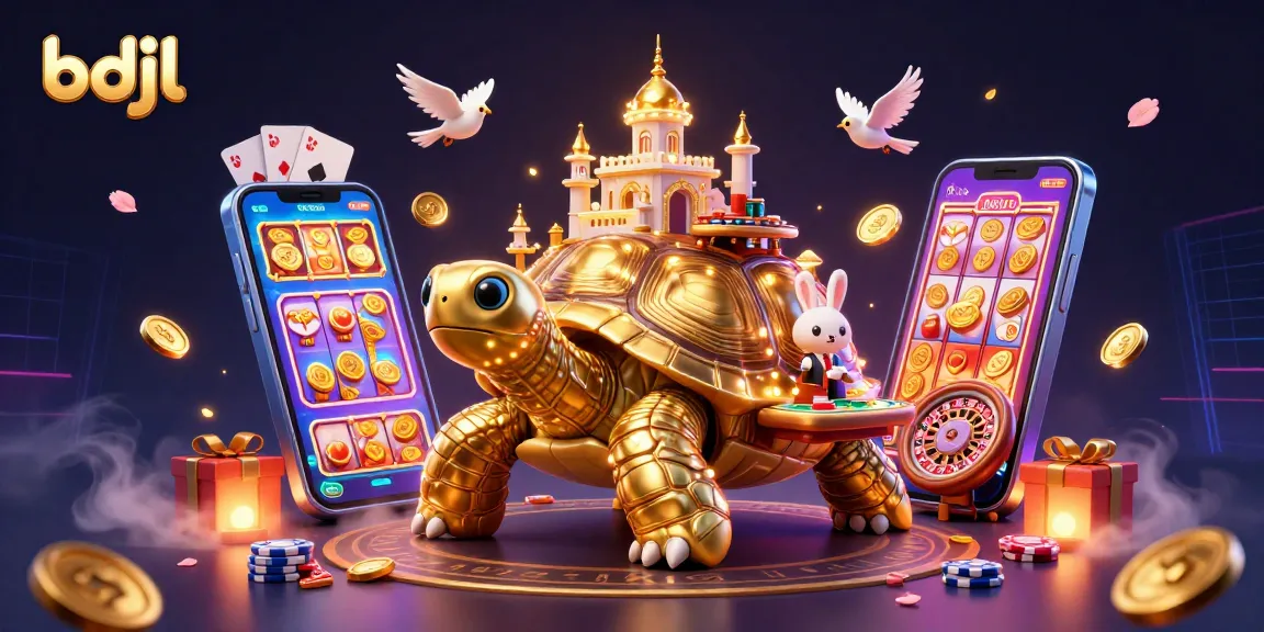 Engage with bdjl casino gaming featuring a golden tortoise, rabbit dealer, and flying coins.