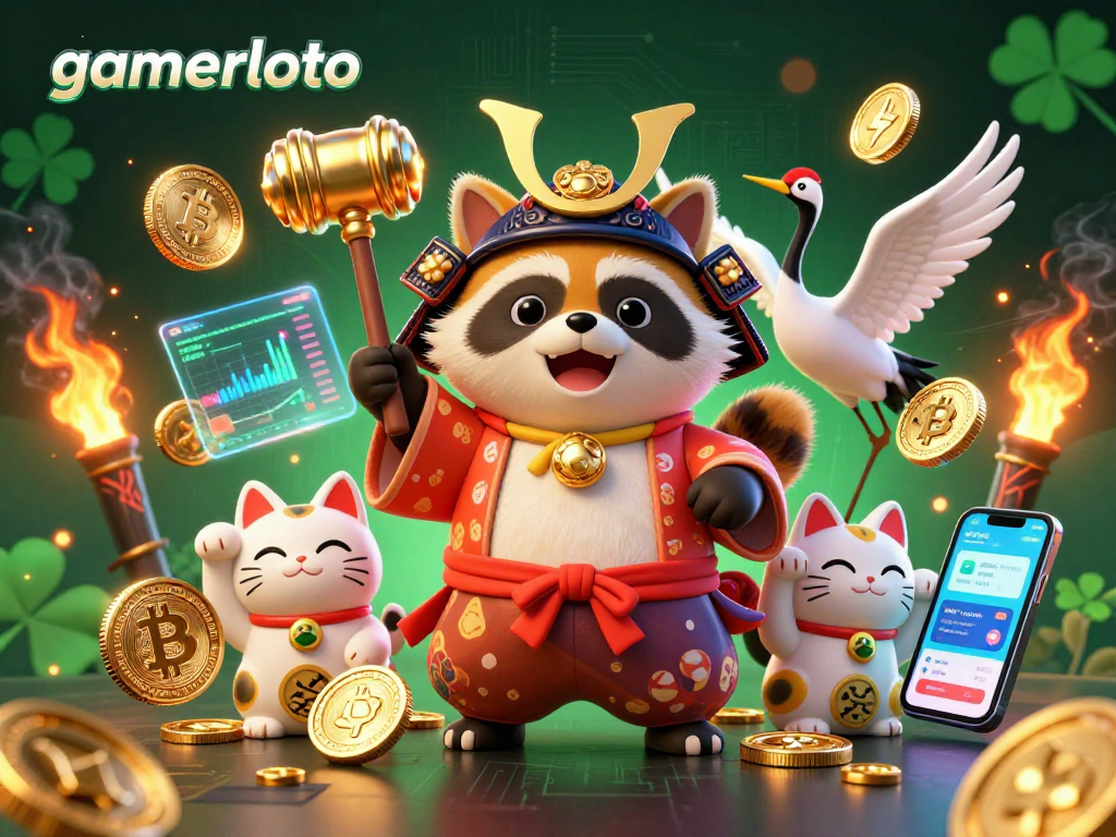 Experience the thrill of gamerloto with a vibrant 3D illustration featuring lucky charms and crypto elements.