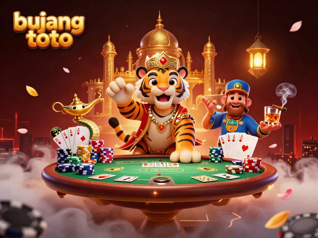 Engage with bujang toto and win big at this lively casino illustrated scene of vibrant characters and poker elements.