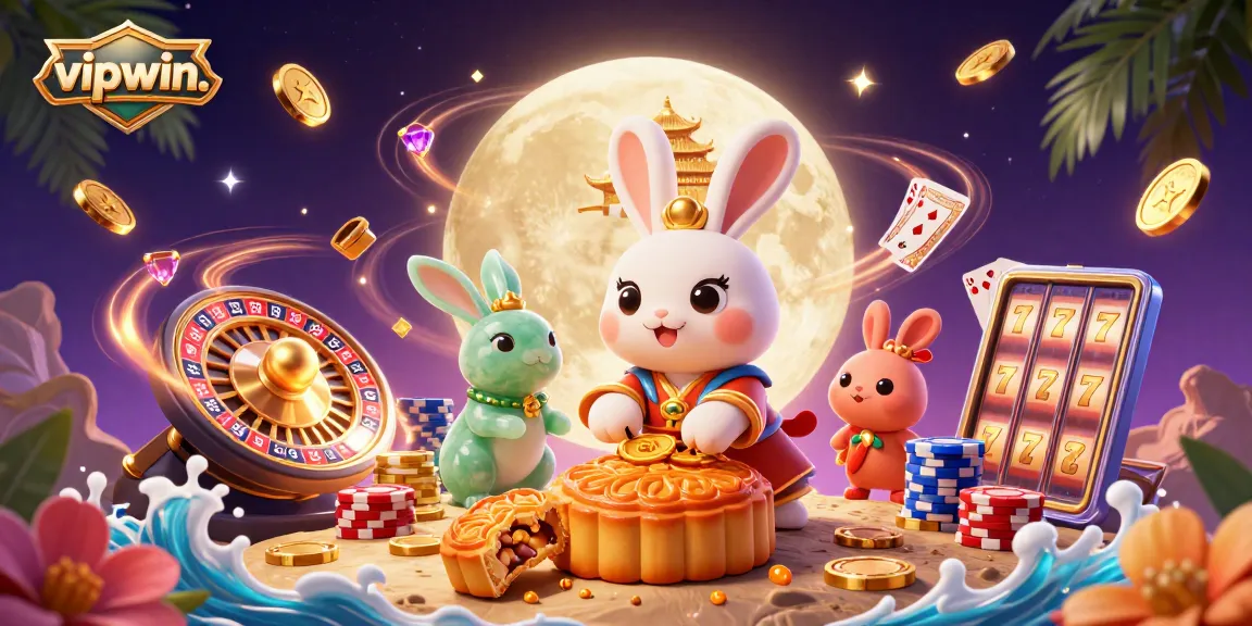 Experience fun with vipwin. as the moon rabbit reveals poker chips in a rich casino scene.