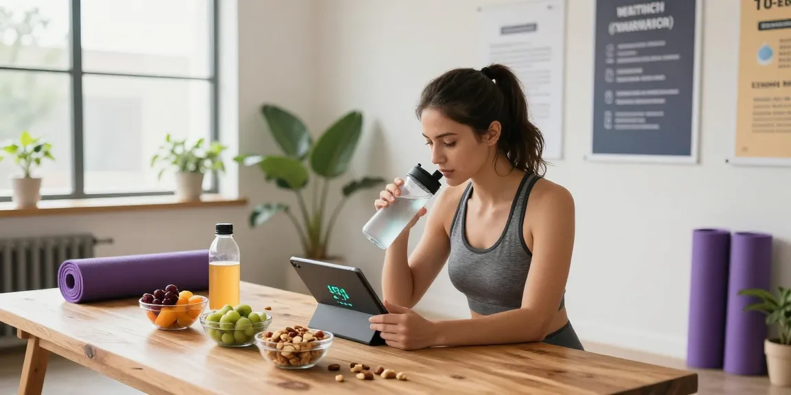 Water Intake Calculator on a tablet in a bright fitness studio with healthy snacks.