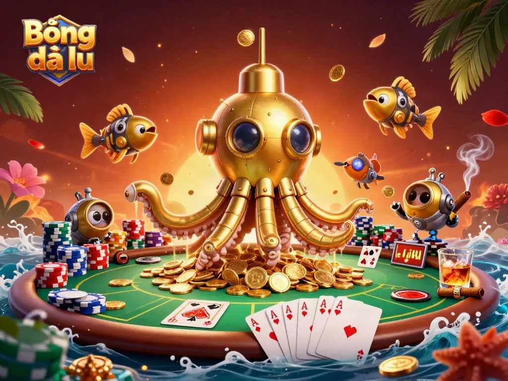 Bóng đá lu showcases vibrant gambling excitement with a golden kraken submarine amidst treasure and poker action.