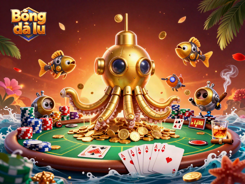 Bóng đá lu showcases vibrant gambling excitement with a golden kraken submarine amidst treasure and poker action.