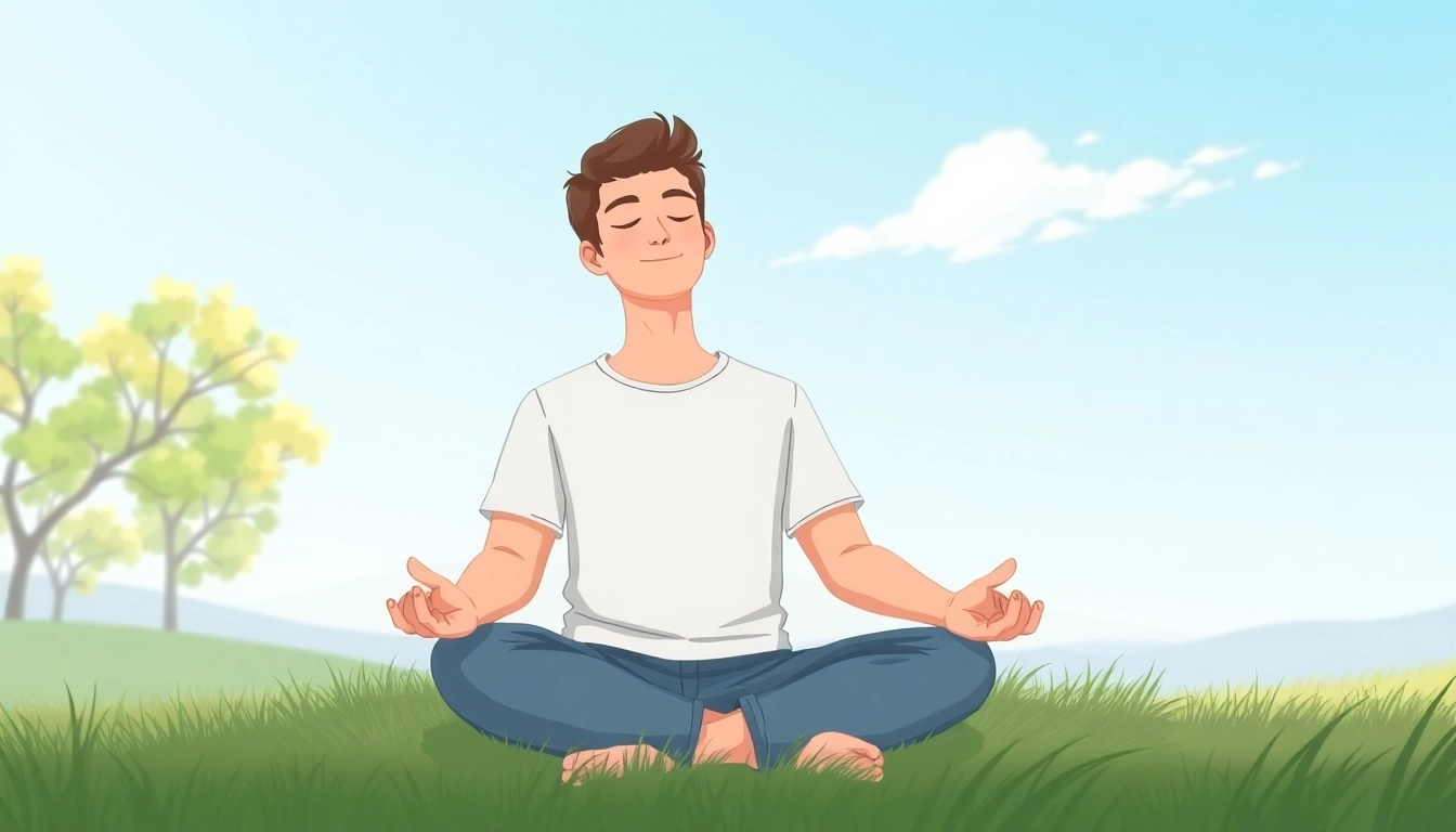 Practicing square breathing technique for relaxation in a tranquil outdoor setting.